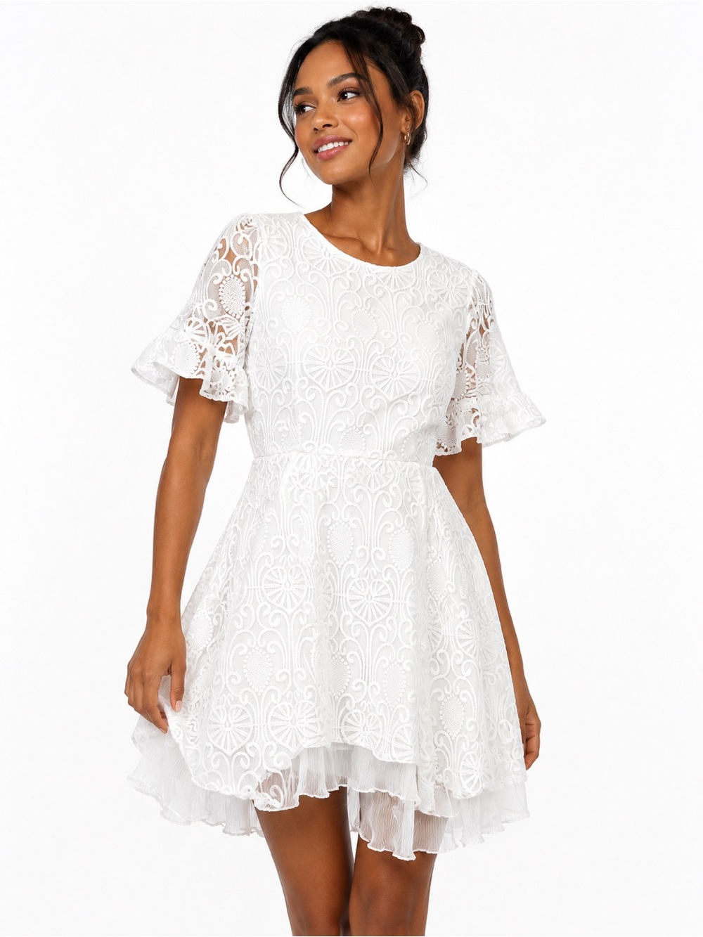 Cqbycq White Lace Fit & Flare Dress with Ruffle Sleeves